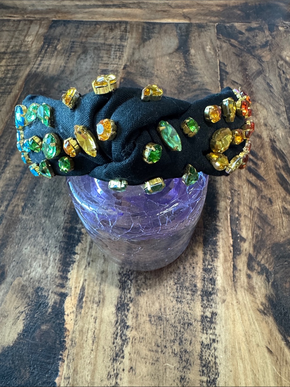 Brianna Cannon Black Jeweled Knot Headband with Multicolor Crystal Accents